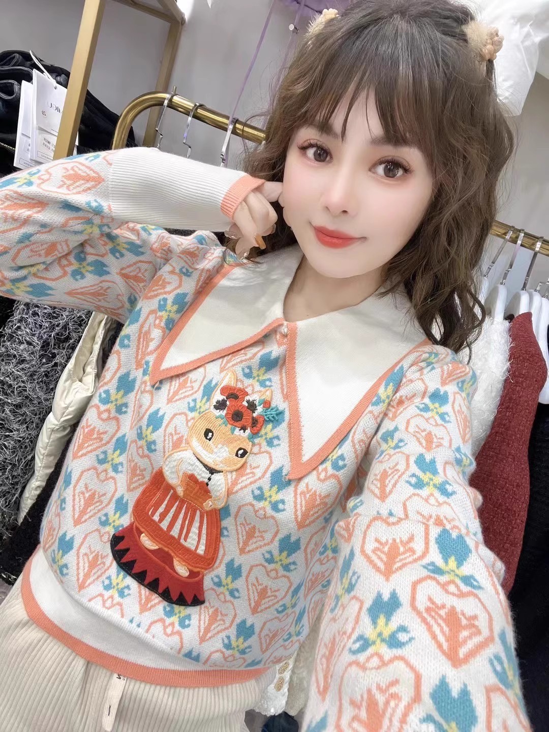 歐貨印花大領針織衫女2023年新款時尚洋氣百搭長袖彈力百搭打底衫