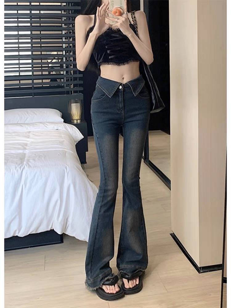 辣妹復古翻邊牛仔褲女秋季2023年新款修身微喇叭褲子拖地馬蹄長褲