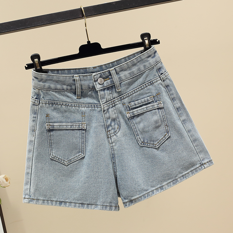 Actual shot#Large size women's double pocket denim shorts women's new style washed high waist slimming versatile wide leg A-line hot pants