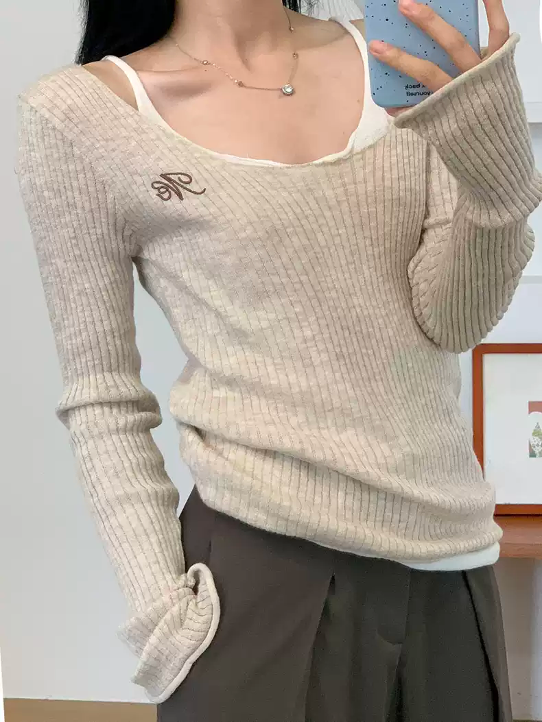 PPHOME日部學妹~假兩件U領針織衫女設計感打底衫外穿掛脖長袖上衣