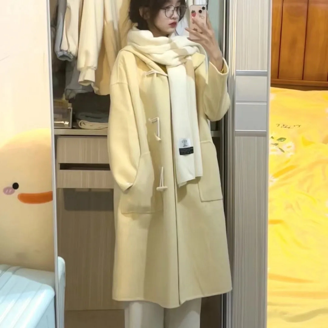 高級感黃色呢子大衣女中長款秋冬裝連帽小個子牛角扣毛呢外套