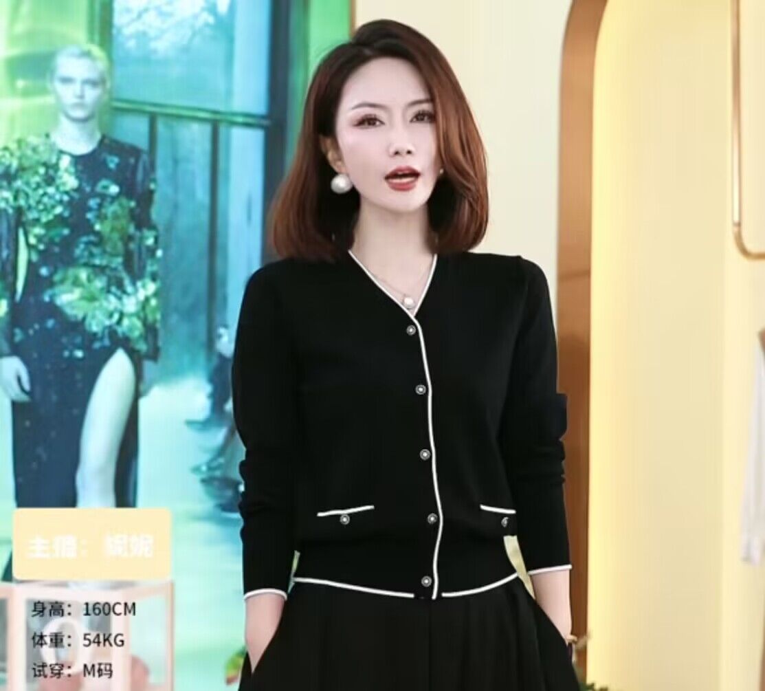 千韻伊然早秋新款時尚簡約拼色V 領針織長袖開衫上衣