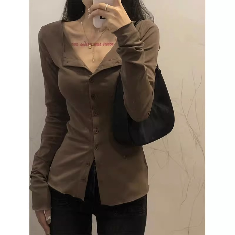 茶歇法式甜辣妹風襯衫女秋季2023新款設計感小眾收腰襯衣內搭上衣