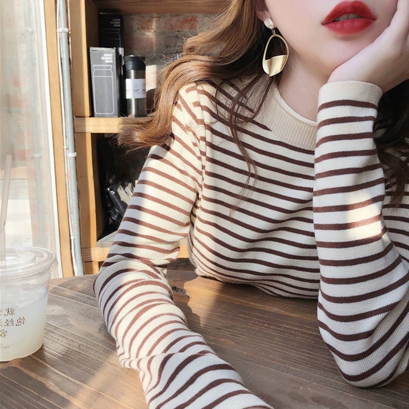 條紋針織衫女春秋年新款秋季寬鬆上衣中領毛衣打底衫秋冬內搭