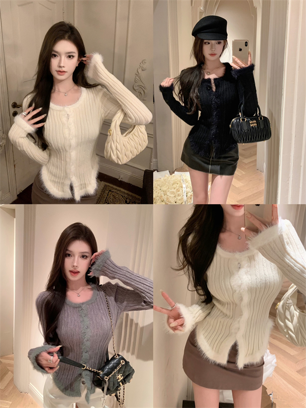 實拍～美式辣妹長袖短款針織衫女拼接毛絨軟糯修身百搭毛衣上衣