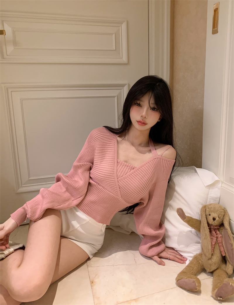 實拍 假兩件純欲針織衫女設計感小眾短款外搭長袖毛衣