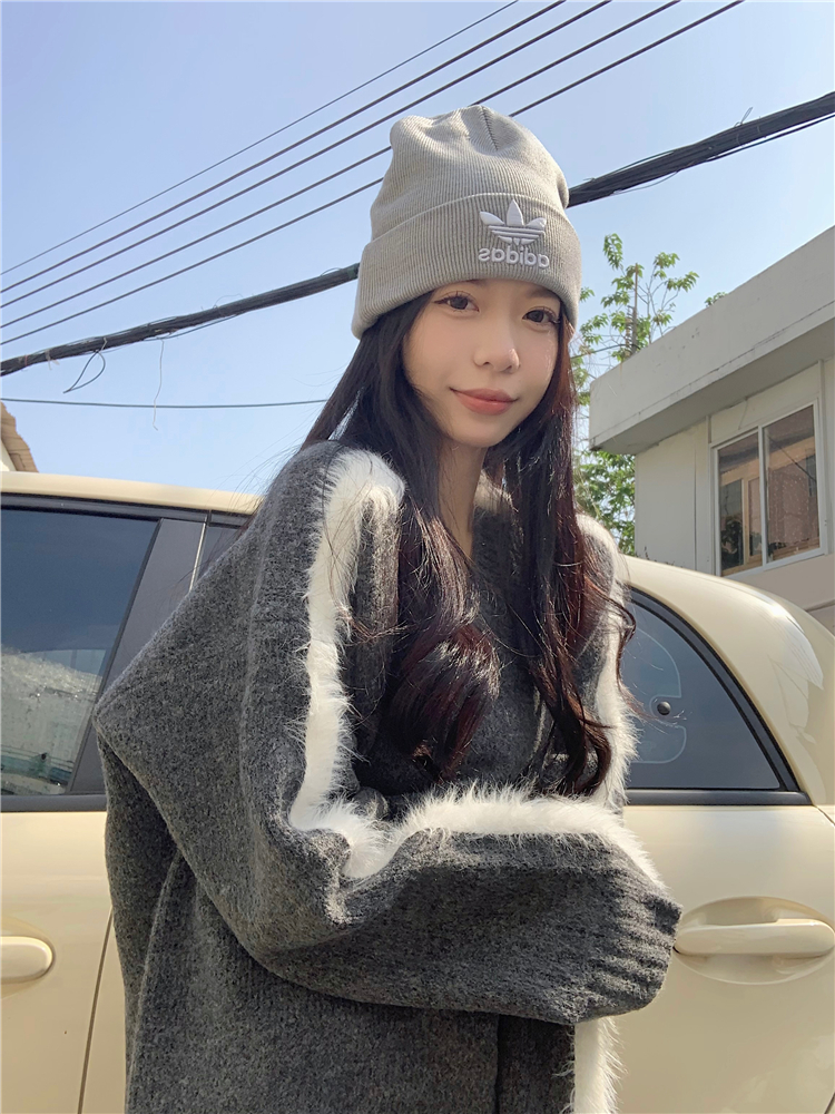 實拍~毛衣冬季撞色休閒套頭寬鬆慵懶氣質+復古做舊微喇牛仔褲