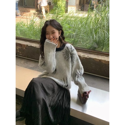 任小藝寬鬆韓版海馬毛花朵破洞灰色毛衣慵懶風設計感小眾秋冬上衣
