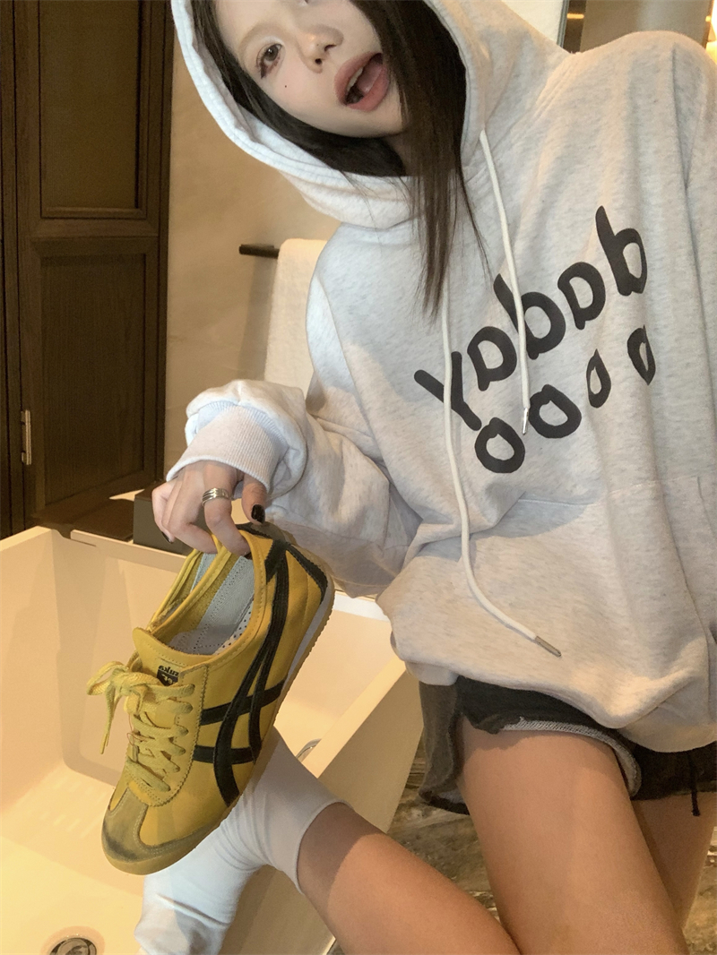 實拍~ 原創 美式復古趣味字母印花寬鬆白灰色連帽加絨衛衣