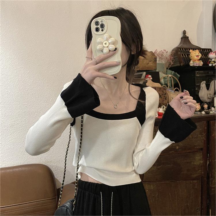 針織衫女秋季設計感2023新款打底衫上衣法式甜辣風拼色方領喇叭袖
