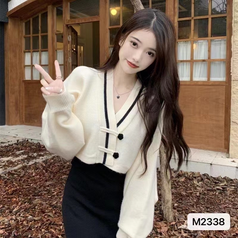 秋季新款韓版甜美減齡V領中式盤扣高腰小開衫上衣女