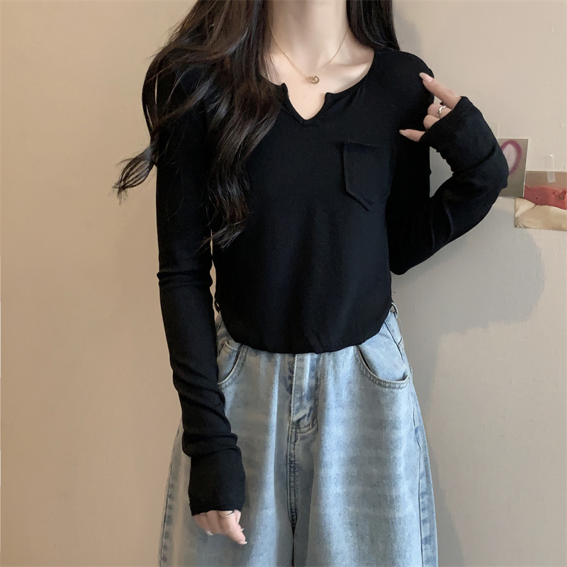 Actual shot of ammonia velvet brushed thin velvet V-neck long-sleeved T-shirt for women with pockets