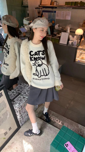 Actual shot~Autumn and winter hand-painted cat sweater loose casual velvet round neck sweater