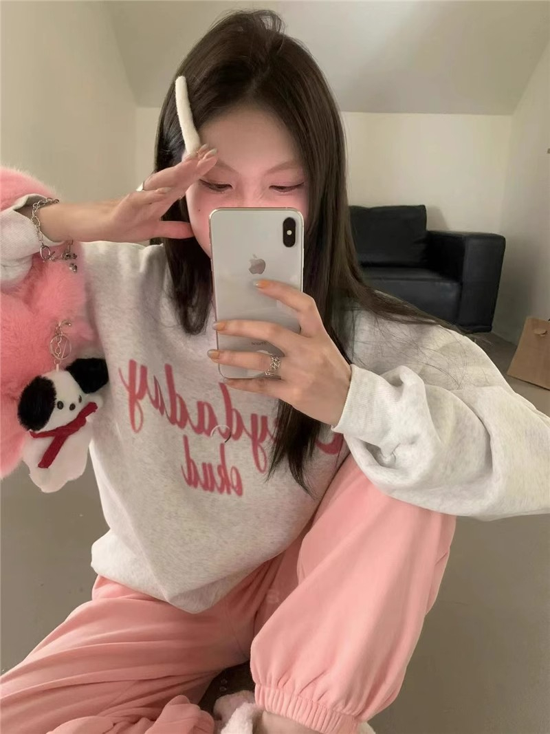 2023美式復古字母印花長袖衛衣女裝秋季寬鬆休閒簡約套頭上衣