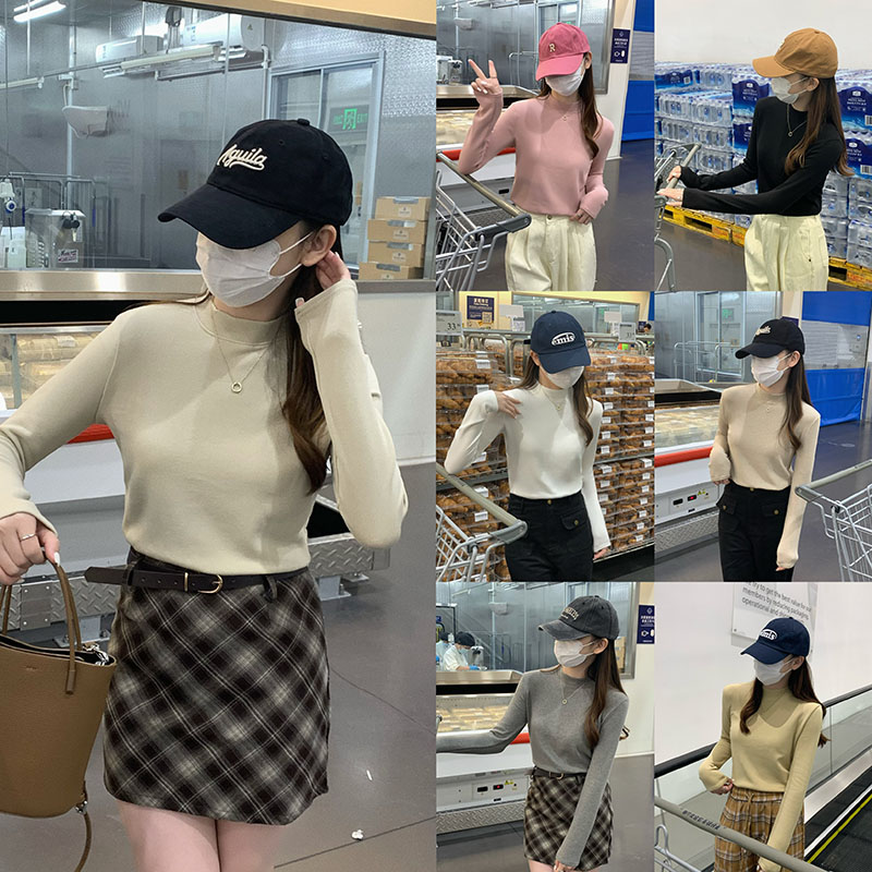 實拍 韓版簡約百搭羊絨加厚保暖上衣冬季立領長袖純色女T恤