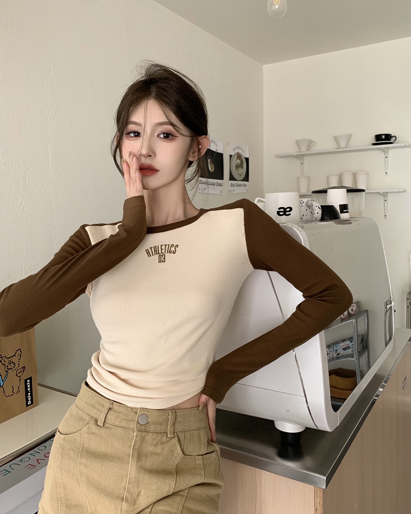 實拍港風美式正肩T恤女長袖撞色修身打底衫內搭短款緊身上衣