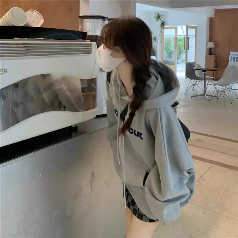加絨衛衣女2023年新款設計感小眾灰色連帽外套女寬鬆oversize韓版