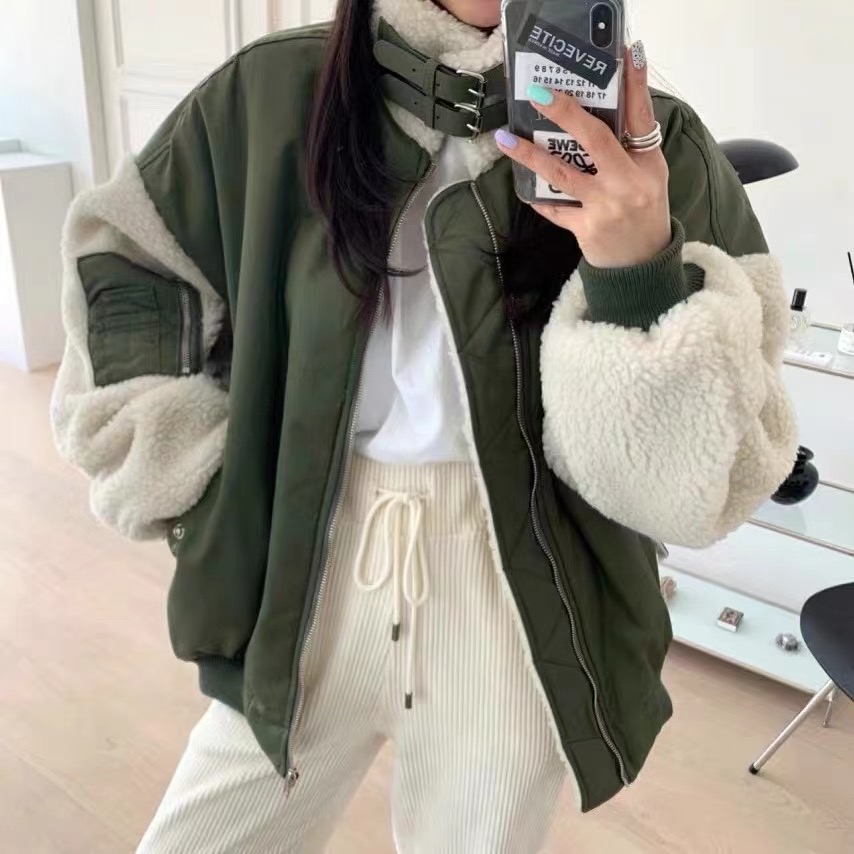 Jacket cotton winter loose baseball uniform thickened Harajuku style bf lamb wool jacket