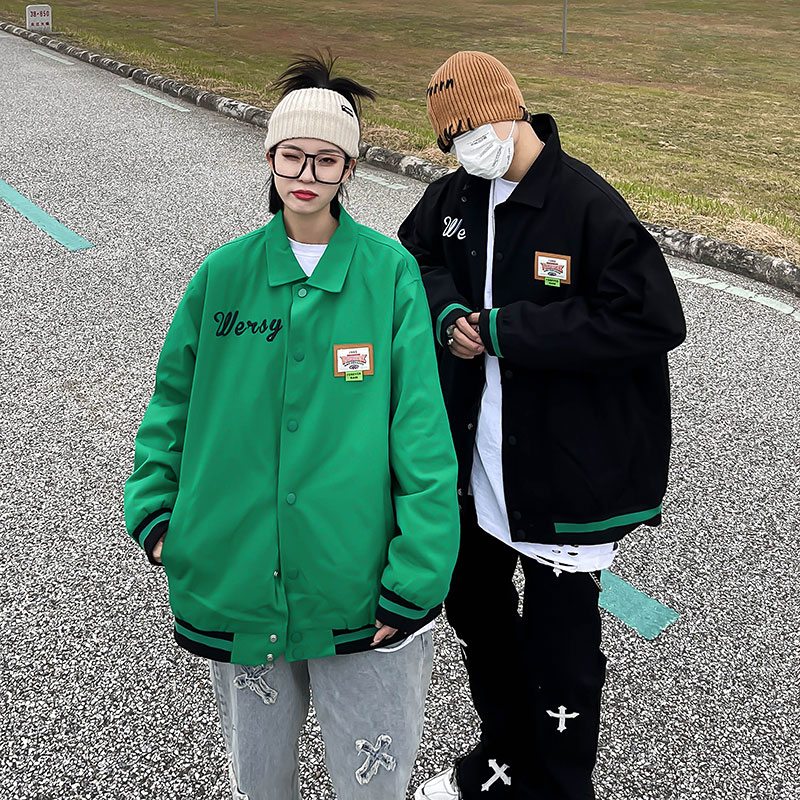 BF美式復古街頭刺繡棒球服女春秋寬鬆休閒小眾設計感情侶夾克外套