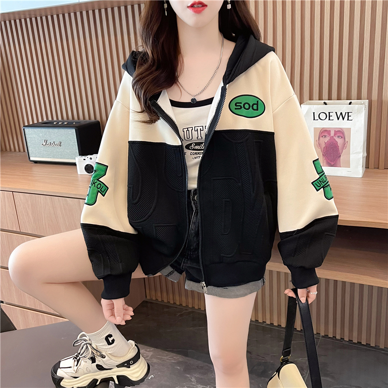 實拍 寬鬆連帽棒球服外套女春秋新款提花設計感小眾開衫