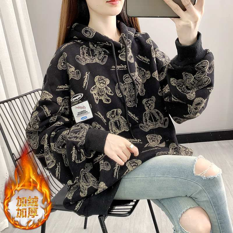 實拍複合320克保暖加絨加厚寬鬆中長款卡通連帽衛衣女