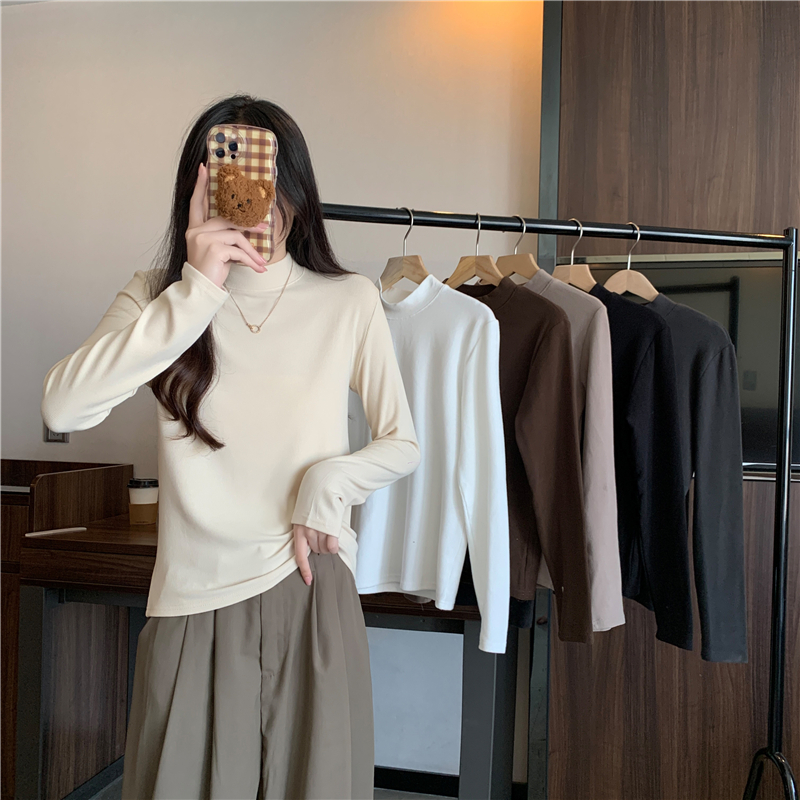 實拍  螺紋別致半高圓領修身T恤秋冬內搭上衣女打底衫