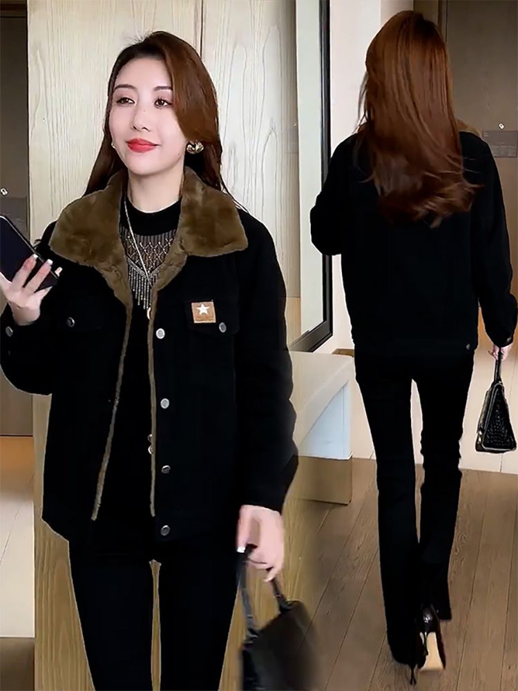 羊羔絨短款牛仔外套女2023冬季新款韓版寬鬆加絨加厚保暖棉衣棉服