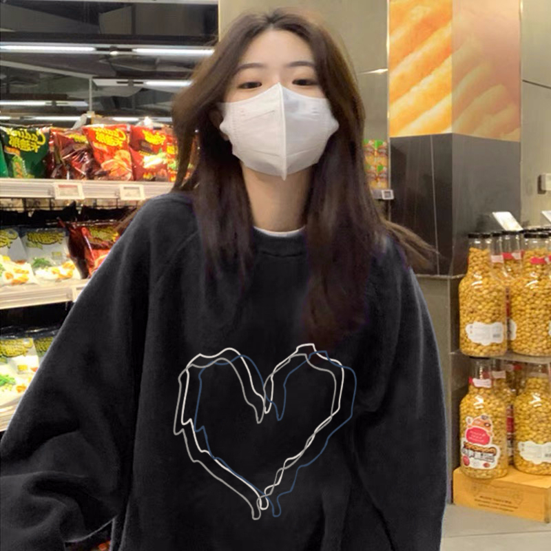 秋冬新款寬鬆韓版圓領印花長袖黑色衛衣女冬季加絨上衣潮