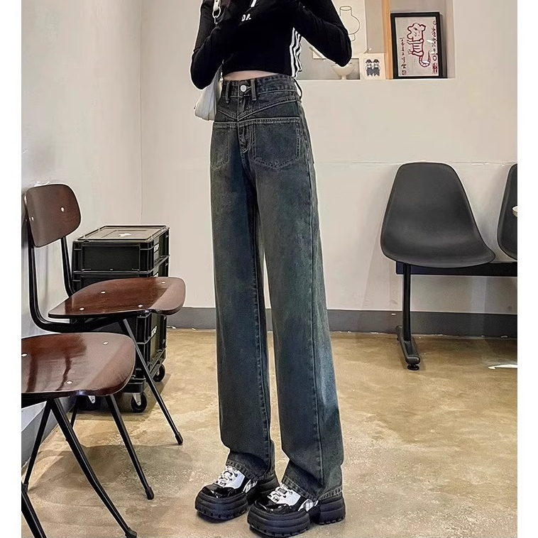 美式復古水泥灰闊腿牛仔褲女秋季新款梨形身材高腰寬鬆顯瘦直筒褲