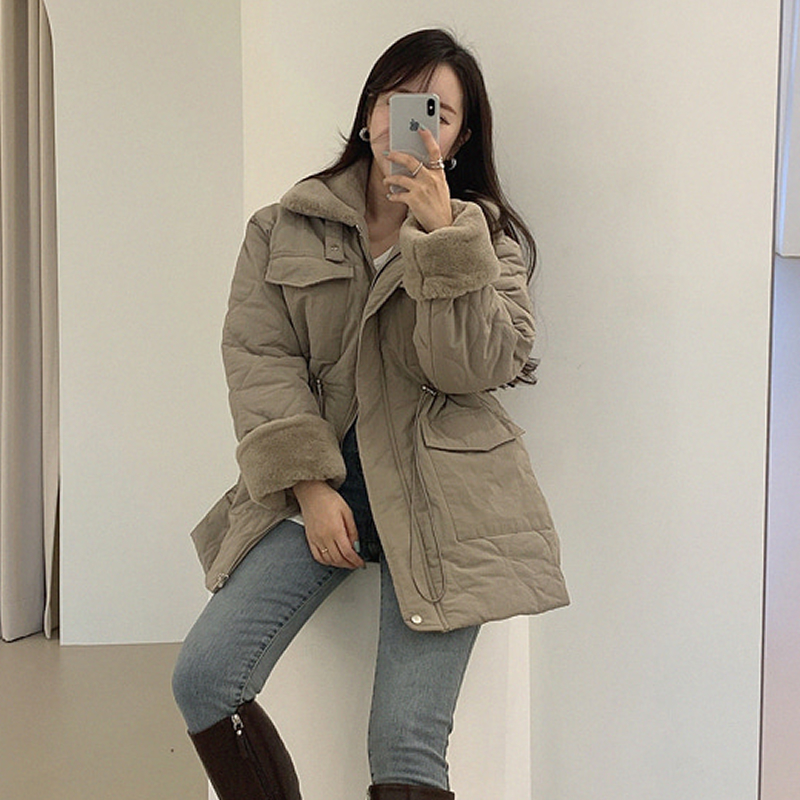 2023 Winter New Workwear Pocket Full Body Imitation Mink Fur Warm Diamond Check Cotton Jacket for Women