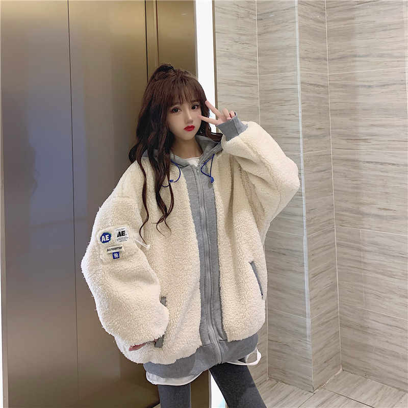 官圖羊羔絨300克羊羔毛絨拼接棉服外套女棉衣