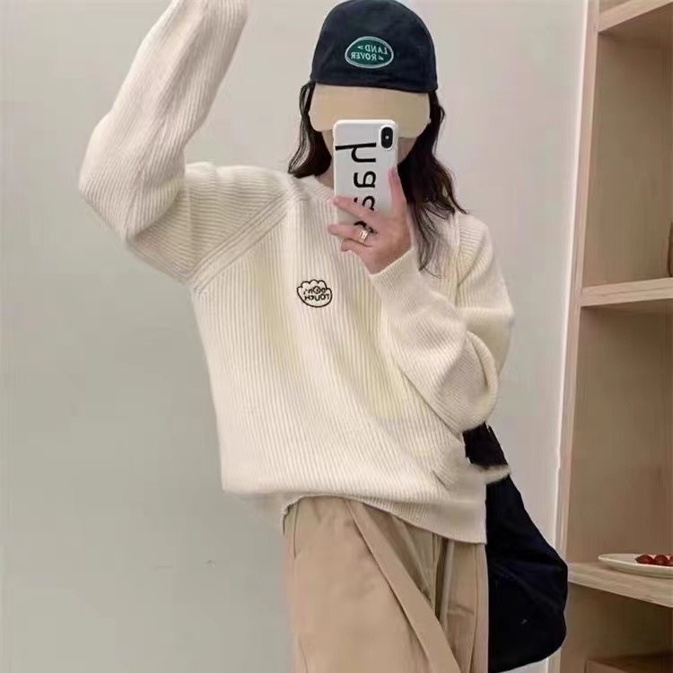 設計感學院風刺繡圓領毛衣女秋冬新款韓版寬鬆百搭長袖針織衫上衣