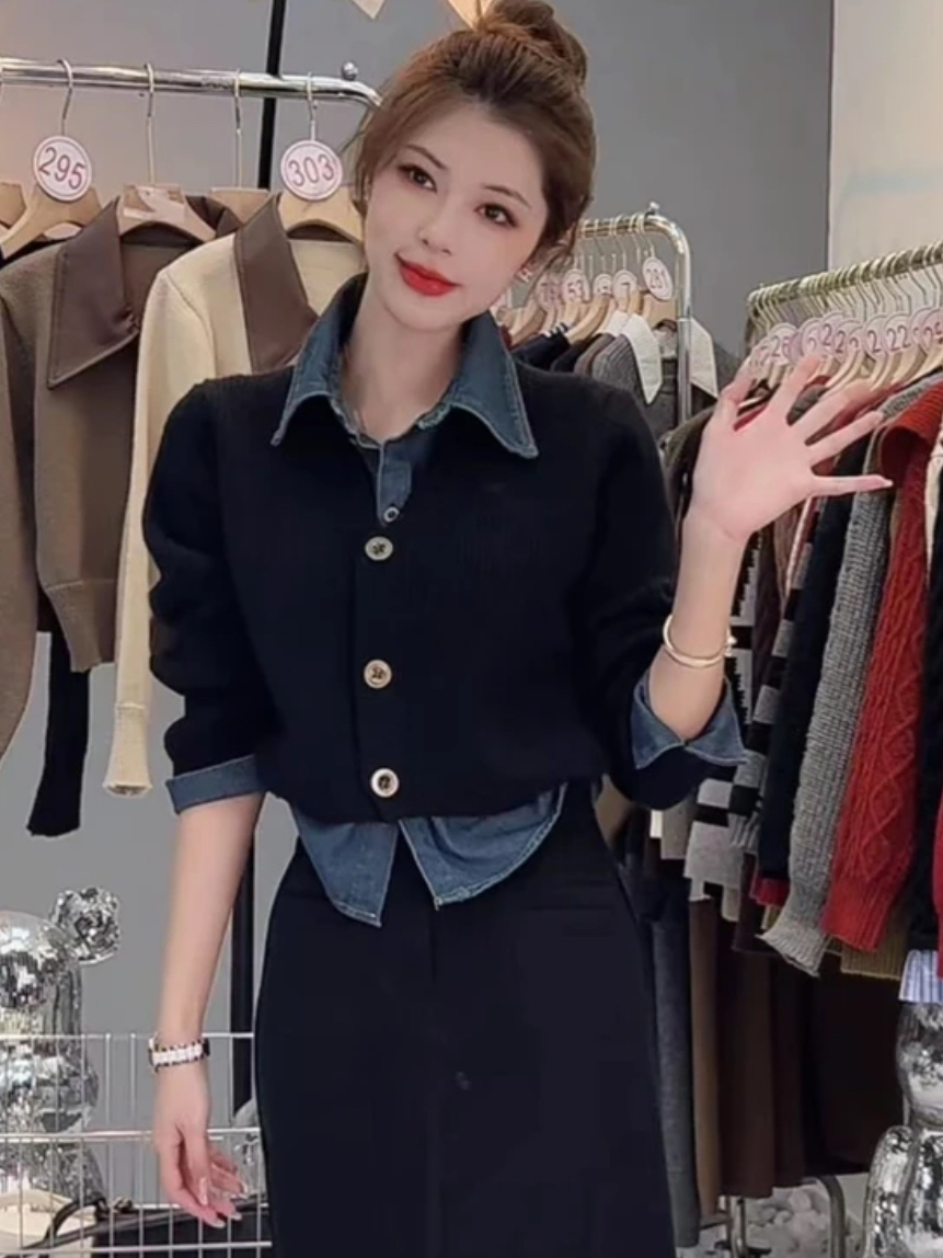 歐貨時尚撞色牛仔拼接翻領毛衣女秋冬洋氣休閒假兩件針織開衫外套