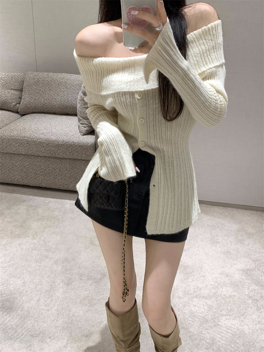 溫柔風開叉針織衫女裝秋季新款辣妹設計感小眾長袖一字肩毛衣上衣