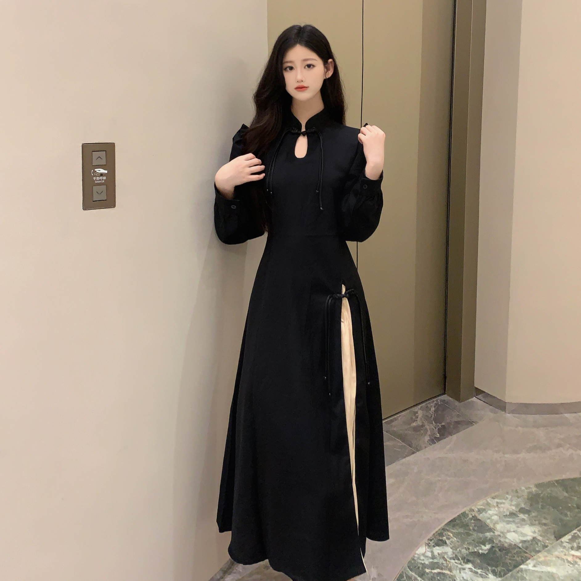 實拍 大碼女裝胖mm2023秋季長款復古新中式收腰顯瘦開叉連衣裙女