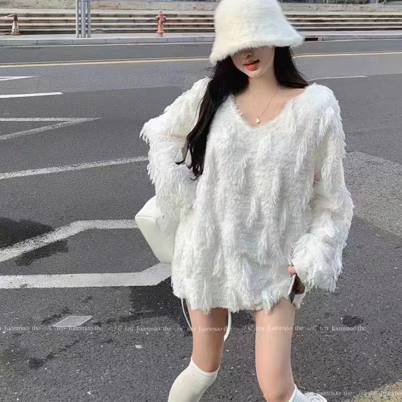 美式辣妹秋冬流蘇設計感小眾遮屁股針織寬鬆百搭毛衣