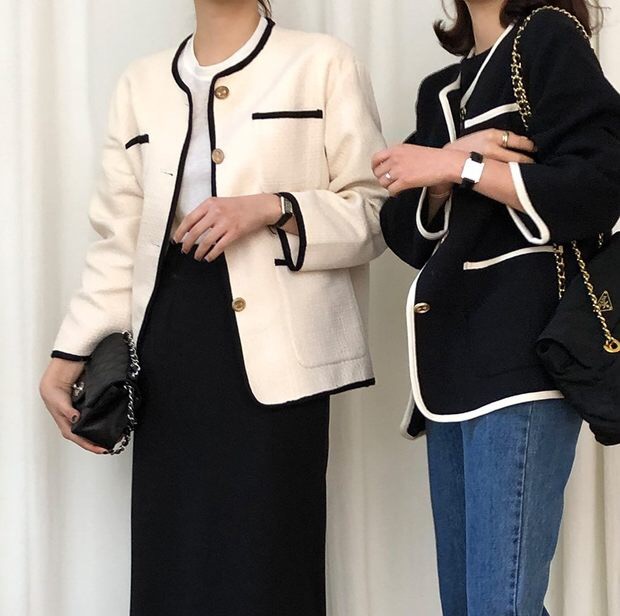韓國東大門秋新款小香風單排扣撞色包邊口袋粗紡呢料寬鬆無領外套