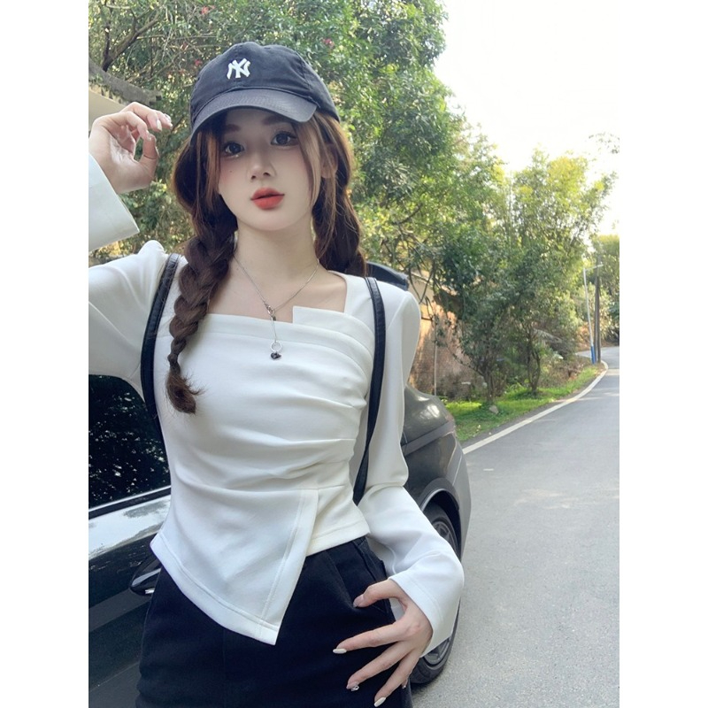 不規則長袖白色T恤秋款女裝2023年新款設計感修身短款打底衫上衣
