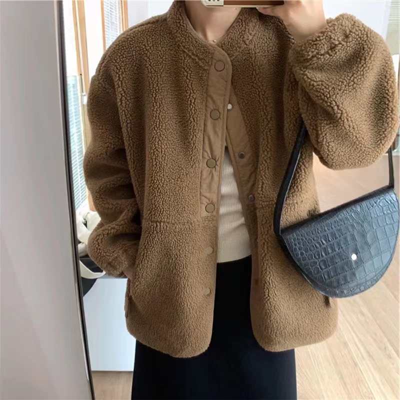 冬裝加厚韓系大碼女裝立領羊羔毛外套寬鬆拼色加厚大衣M-4XL200斤