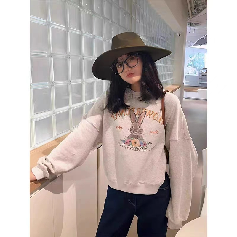 純棉複合 小個子短款衛衣女秋冬裝寬鬆慵懶風長袖圓領上衣