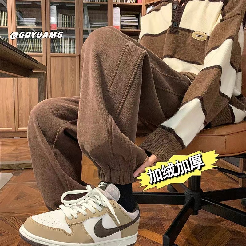 American retro pants trendy winter velvet thickened casual pants autumn and winter warm sports men's and women's sweatpants