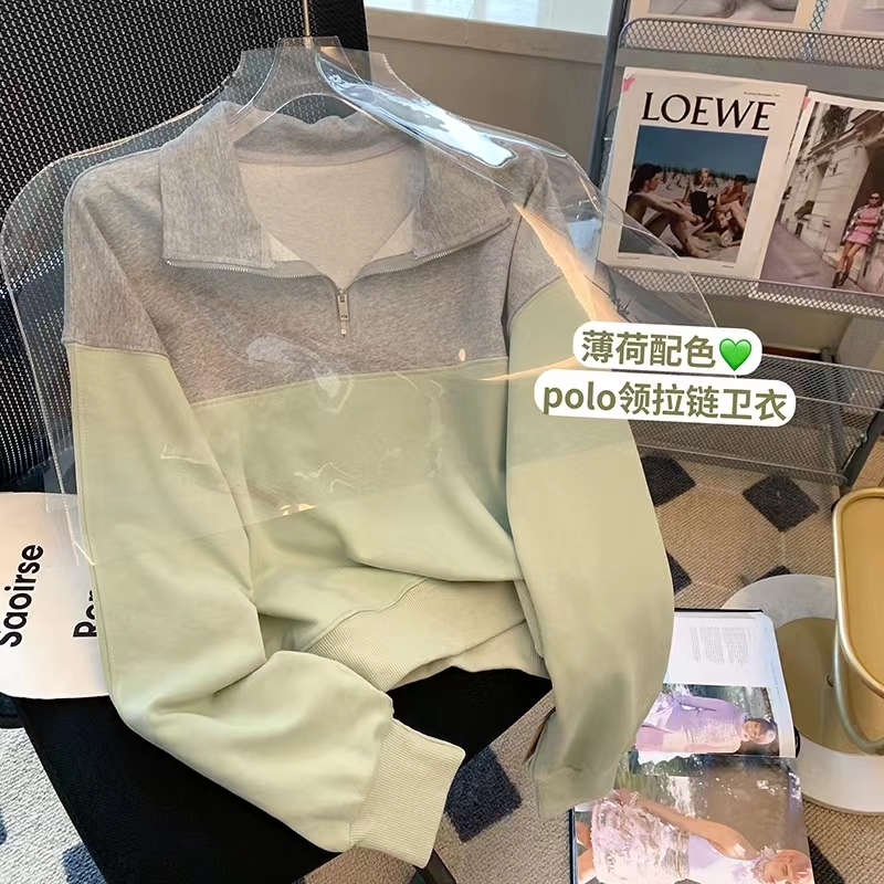 拼色翻領衛衣女POLO領拼接