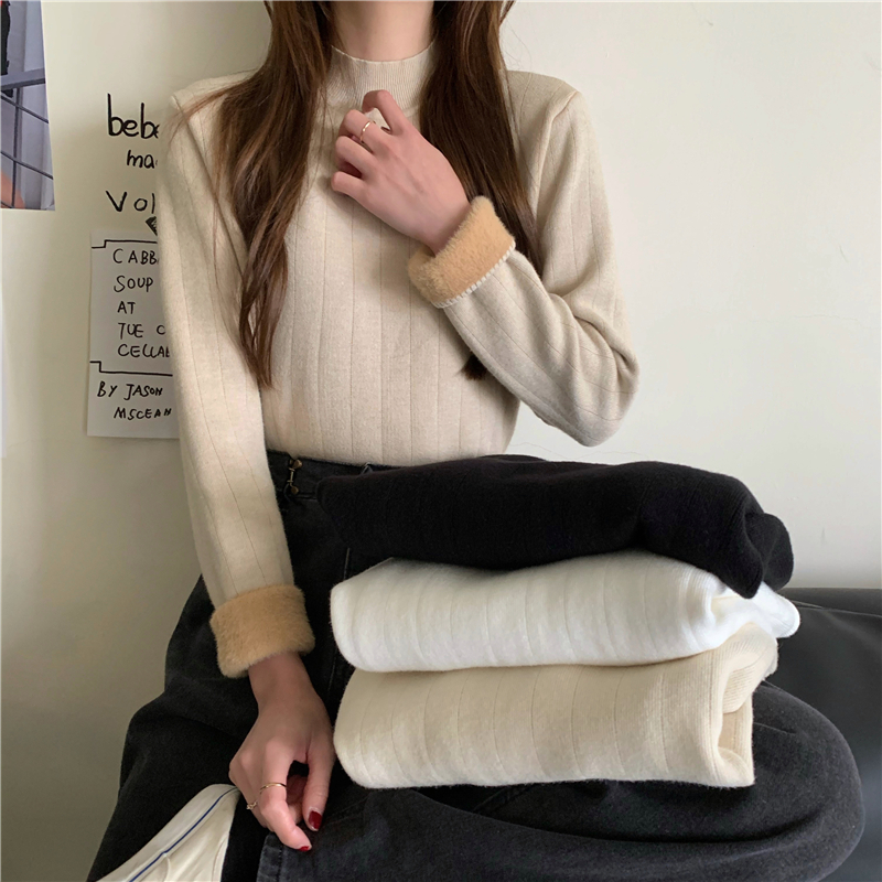 Real shot of plush thickened base sweater for women, mink velvet half turtleneck inner knitted sweater