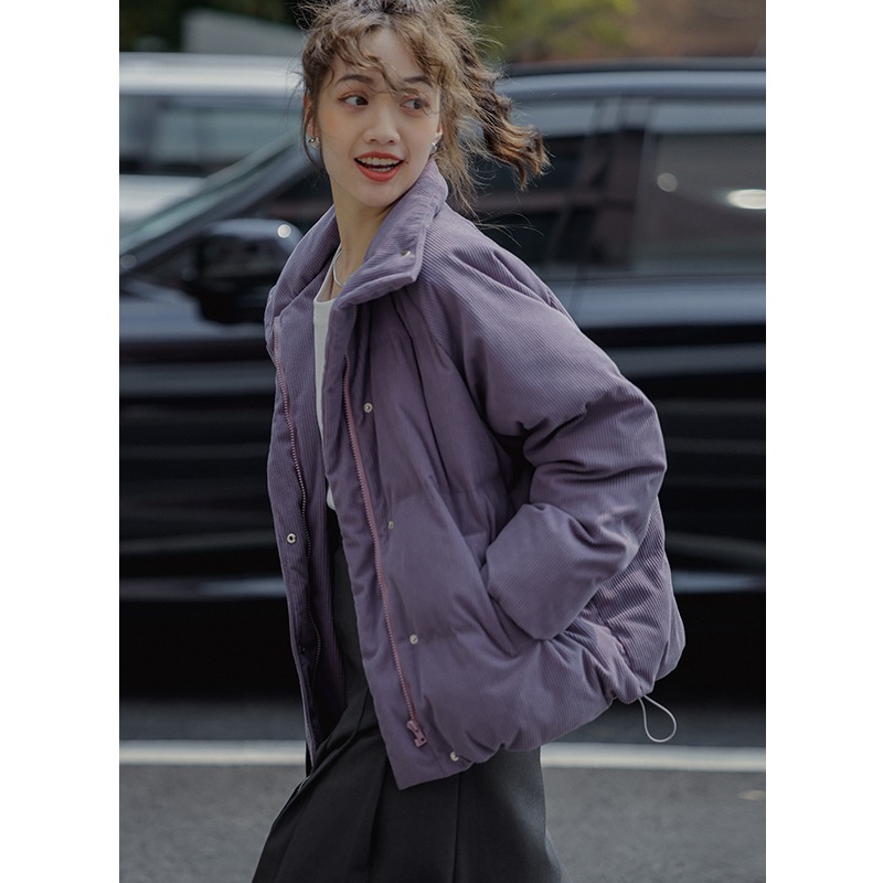 網圖冬季時尚新款高級設計感美式加厚保暖純色寬鬆立領羽絨棉服
