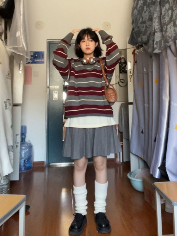 日系復古vintage撞色條紋毛衣女冬寬鬆慵懶風軟糯套頭針織衫上衣