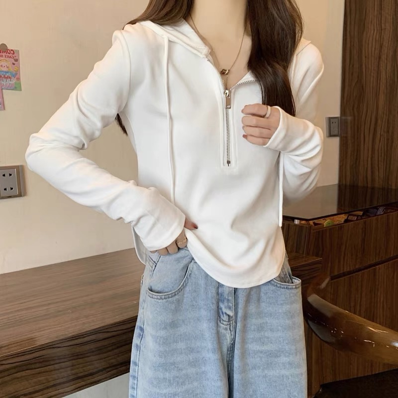 Official picture 320g one-piece velvet plus velvet hooded long-sleeved T-shirt women's zipper bottoming shirt women's autumn and winter clothing