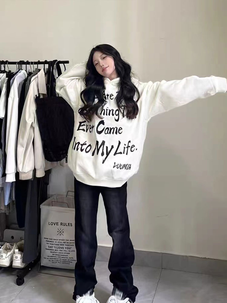 美式復古白色加絨衛衣女秋冬加厚外套oversize寬鬆情侶連帽衫上衣