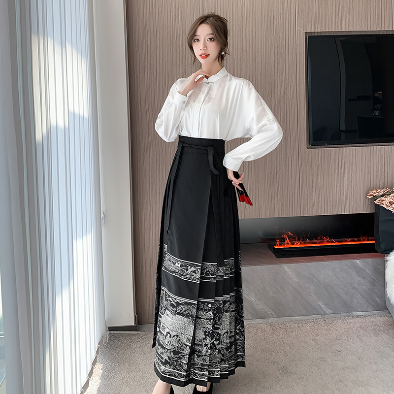 實拍 2023新中式國風改良明制漢服馬面裙+緞面提花國潮長袖襯衫女