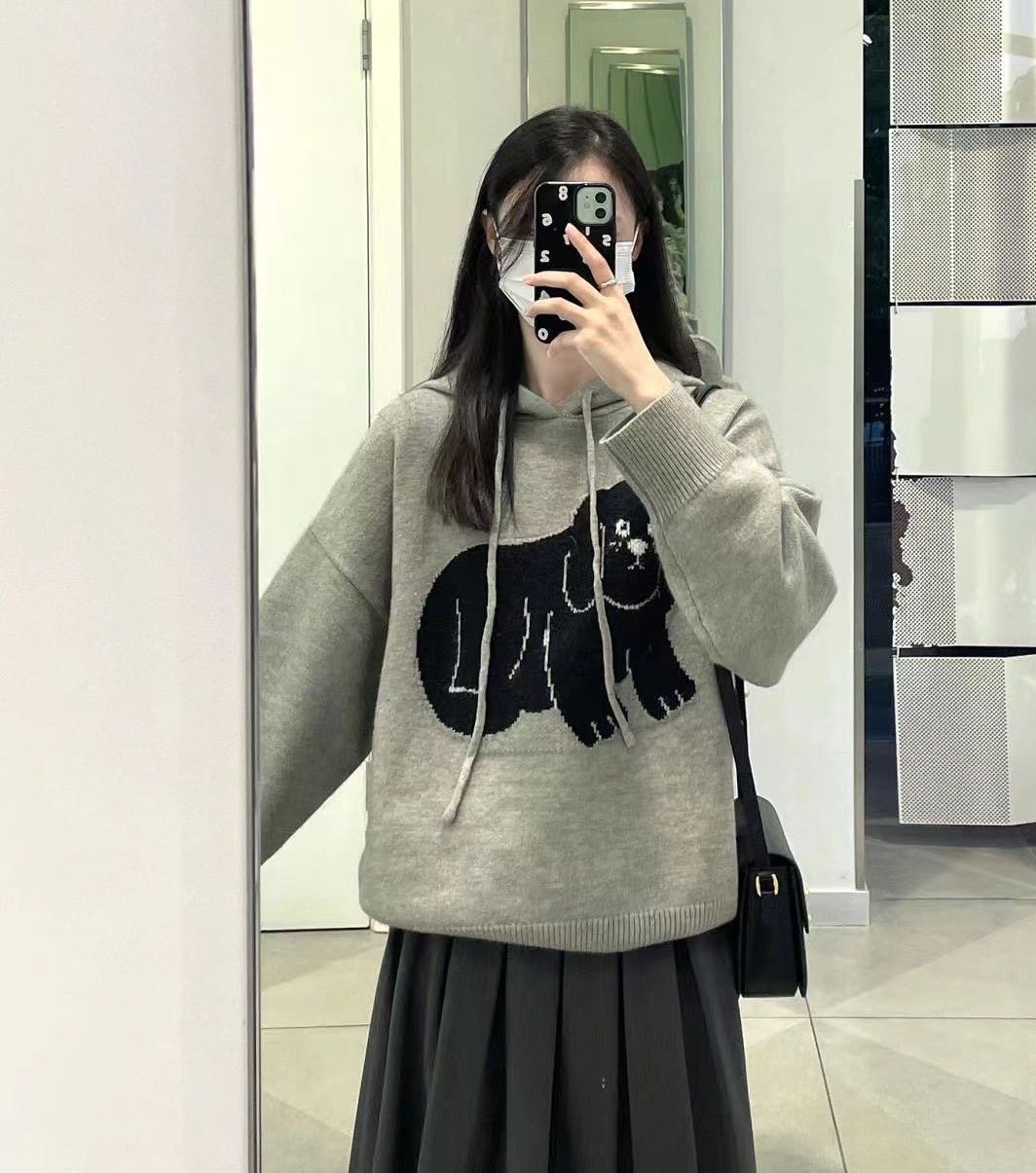 灰色小狗連帽毛衣女春秋冬寬鬆外穿慵懶風設計感小眾套頭針織上衣