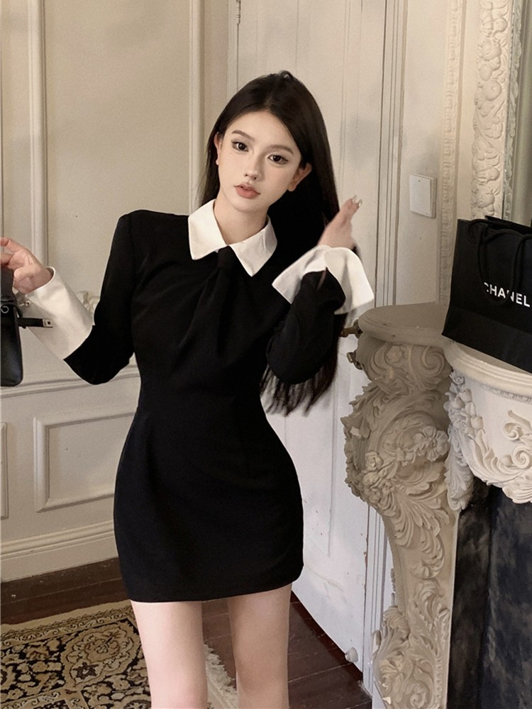 2023新款法式赫本風小黑裙假兩件氣質高級感長袖西裝連衣裙女春秋